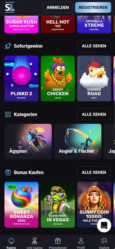 Startbildschirm der Slotlounge-App auf dem Smartphone