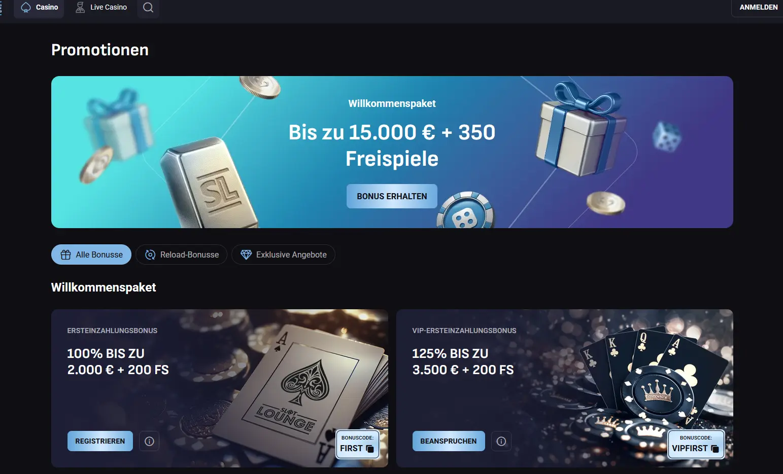 Willkommenspaket und Bonusübersicht bei Slotlounge Casino