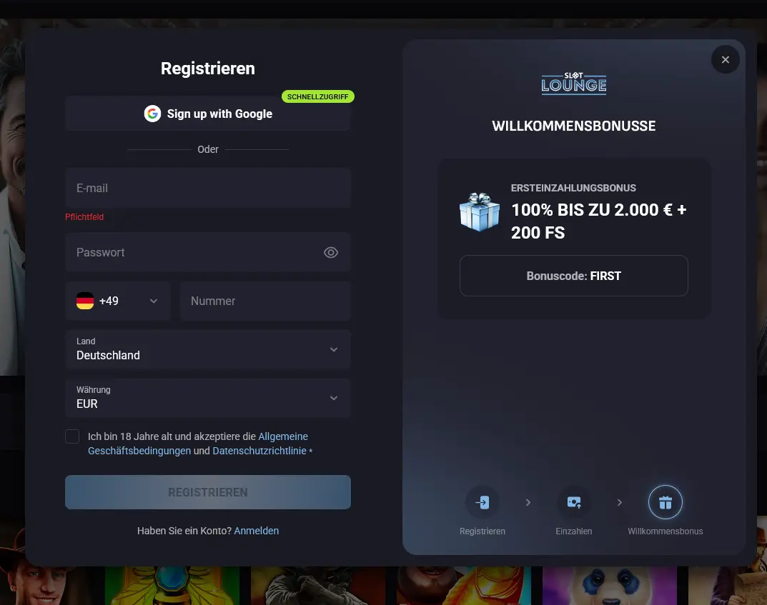 Registrierungsformular von Slotlounge Casino